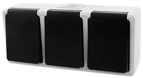 Produktbild: MC POWER Feuchtraum Dreifach-Steckdose Aufputz I TAFF I 250V~/16A, IP44 für Keller, Bad, Küche, Werkstatt, Außenbereich, Garten, Terrasse, Flur, Grau, schwarzer Federdeckel