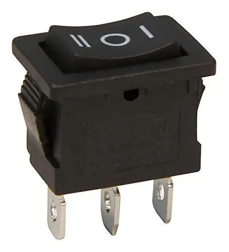 Produktbild: McPower Wippenschalter 3-polig | ON/OFF/ON | 250V AC / 6A | Snap-In Montage 15x20mm | Schwarze Wippe mit 4,8mm Flachsteckanschlüssen
