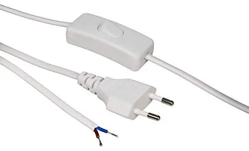 Produktbild: McPower Euro-Netzkabel mit Schnurschalter | 2m weiß | H03VVH2-F 2X 0,75mm² | blanke Enden, max. 100W | Anschlussleitung für Leuchten, Geräte, DIY-Projekte