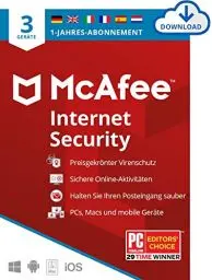 Produktbild: McAfee Internet Security (3 Geräte) 2025 | 12 Monate| Echtzeitschutz für PCs vor neuen und dynamischen Bedrohungen | Digitaler download