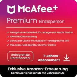 Produktbild: McAfee+ Premium– Einzelperson, Virenschutz- und Internet-Sicherheitssoftware für eine unbegrenzte Anzahl an Geräten, 1-Jahres-Abonnement, mit automatischer Verlängerung