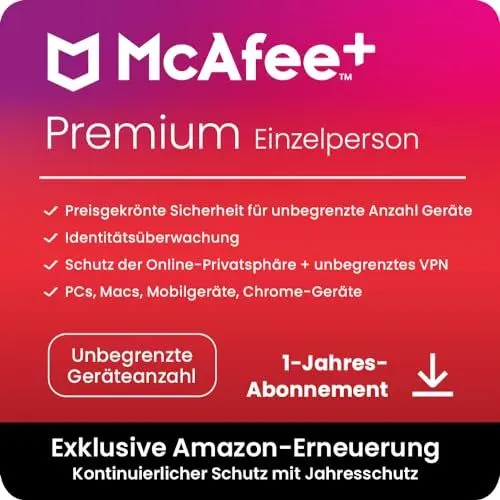 Produktbild: McAfee+ Premium– Einzelperson, Virenschutz- und Internet-Sicherheitssoftware für eine unbegrenzte Anzahl an Geräten, 1-Jahres-Abonnement, mit automatischer Verlängerung