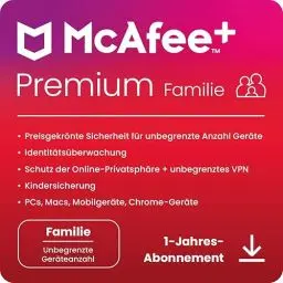 Produktbild: McAfee+Premium Family 2025 (Unbegrenzte Anzahl von Geräten)| 12 Monate|Secure VPN, Cybersicherheitssoftware mit Virenschutz,Kennwort-Manager, Identitätsüberwachung, Kindersicherung|Digitaler download