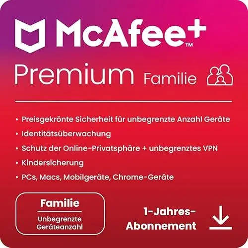 Produktbild: McAfee+Premium Family 2025 (Unbegrenzte Anzahl von Geräten)| 12 Monate|Secure VPN, Cybersicherheitssoftware mit Virenschutz,Kennwort-Manager, Identitätsüberwachung, Kindersicherung|Digitaler download