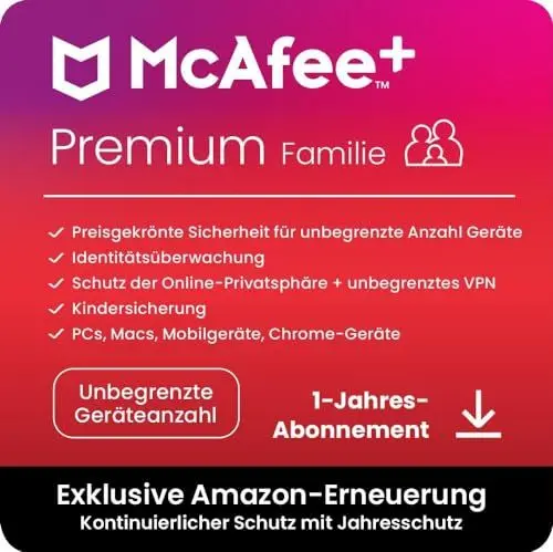 Produktbild: McAfee+ Premium - Family, Virenschutz- und Internet-Sicherheitssoftware für eine unbegrenzte Anzahl an Geräten, 1-Jahres-Abonnement, mit automatischer Verlängerung