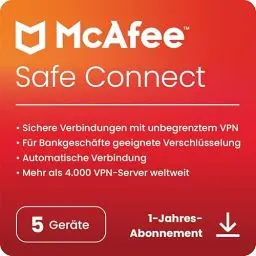 Produktbild: McAfee Safe Connect VPN (5 Geräte) 2025 | 12 Monate|Schützen Sie Ihre Online-Privatsphäre mit einem VPN | Digitaler download
