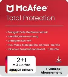 Produktbild: McAfee Total Protection 2024 | 2 Geräte + 1 Bonusgerät Enthalten | Virenschutz- und Internet-Sicherheitssoftware | inkl. Unlimited VPN | 1-Jahres-Abonnement | Download-Code