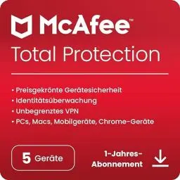 Produktbild: McAfee Total Protection (5 Geräte) 2025 | 12 Monate|Secure VPN, Sicherheitssoftware mit Virenschutz, Kennwort-Manager, Identitätsüberwachung | Digitaler download