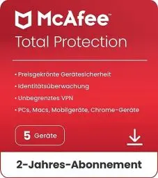 Produktbild: McAfee Total Protection (5 Geräte) 2025 | 2 Jahre | Secure VPN, Sicherheitssoftware mit Virenschutz,Kennwort-Manager, Identitätsüberwachung | Digitaler download