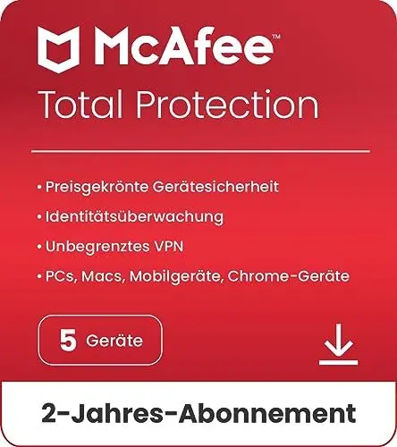 Produktbild: McAfee Total Protection (5 Geräte) 2025 | 2 Jahre | Secure VPN, Sicherheitssoftware mit Virenschutz,Kennwort-Manager, Identitätsüberwachung | Digitaler download