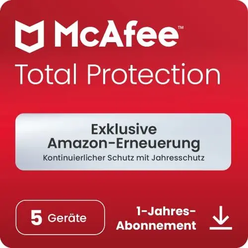 Produktbild: McAfee Total Protection (5 Geräte) 2025 | Secure VPN, Sicherheitssoftware mit Virenschutz,Kennwort-Manager, Identitätsüberwachung |Amazon Abonnements