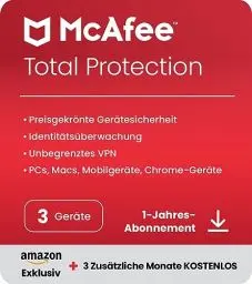 Produktbild: McAfee Total Protection (3 Geräte) 2025 | 15 Monate | Secure VPN, Sicherheitssoftware mit Virenschutz, Kennwort-Manager, Identitätsüberwachung | Digitaler download