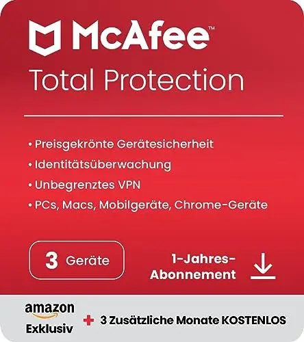 Produktbild: McAfee Total Protection (3 Geräte) 2025 | 15 Monate | Secure VPN, Sicherheitssoftware mit Virenschutz, Kennwort-Manager, Identitätsüberwachung | Digitaler download