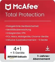 Produktbild: McAfee Total Protection (4 + 1 Gerät) 2025 | 12 Monate|Secure VPN, Sicherheitssoftware mit Virenschutz, Kennwort-Manager, Identitätsüberwachung | Digitaler download