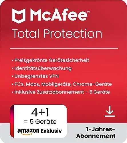Produktbild: McAfee Total Protection (4 + 1 Gerät) 2025 | 12 Monate|Secure VPN, Sicherheitssoftware mit Virenschutz, Kennwort-Manager, Identitätsüberwachung | Digitaler download