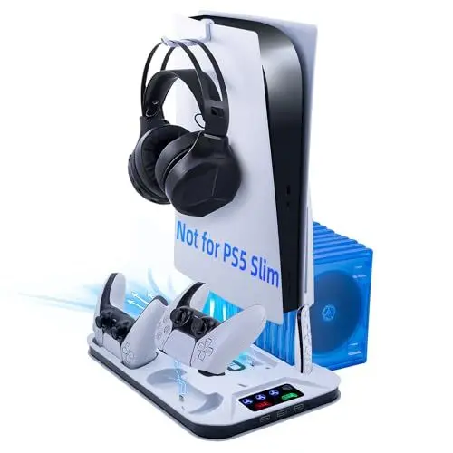 Produktbild: Mcbazel PS5 Kühlung Ladegerät PS 5 ständer vertikal Kühlständer mit Headset-Halterung LED-Anzeige mit Disc-Aufbewahrungsschlitzen für Playstation 5 UHD/Digital Edition-Weiß(Nicht für PS5 Slim/Pro)