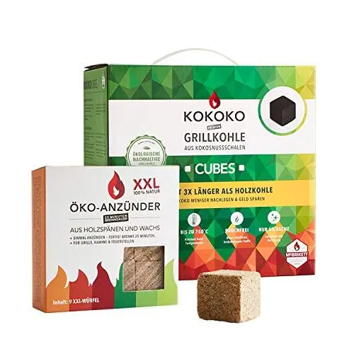Produktbild: McBrikett KOKOKO Cubes Bio Kokos Grillbriketts 8 kg & Öko-Anzündwürfel Set – Lang anhaltende Glut bis 6h | Nachhaltiges Grillen