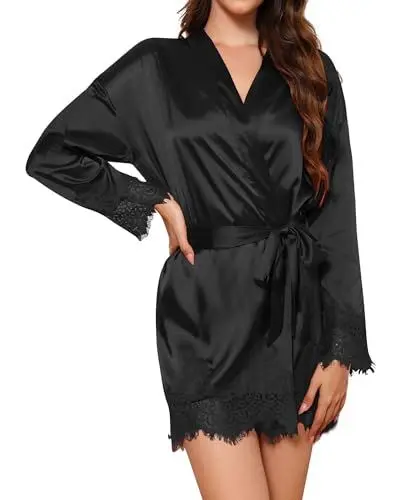 Produktbild: Mchodare Kimono Robe Damen Morgenmantel,Satin Kimono Morgenmantel Sommer für Frauen Mit Gürtel V-Ausschnitt Hochzeit Braut Pajama Party