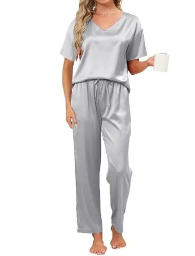 Produktbild: Mchodare Satin Pyjama Damen Lang Schlafanzug Set Zweiteiler Elegant Pjama Frauen Sommer Hausanzug Kurzarm Lange Hose S-XXL