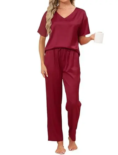 Produktbild: Mchodare Satin Pyjama Damen Lang Schlafanzug Set Zweiteiler Elegant Pjama Frauen Sommer Hausanzug Kurzarm Lange Hose S-XXL