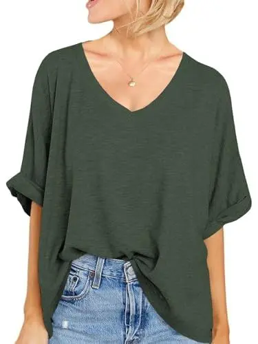 Produktbild: Mcnlyce Tshirt Damen V Ausschnitt Longshirt T-Shirt Sommer Oversize Basic Shirt Kurzarm Oberteile Locker Baumwolle Elegant Grün M
