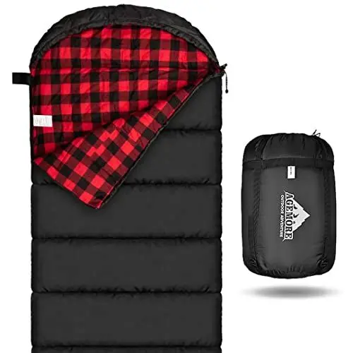Produktbild: Mcota Schlafsack aus Baumwollflanell für Erwachsene, Futter aus 100% Baumwolle, Schlafsack für Camping, Wandern, Reisen, leicht und tragbar, 3 bis 4 Jahreszeiten bei warmem Wetter (schwarz/rot (1,6