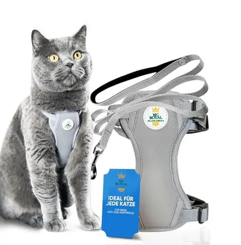 Produktbild: MC-Royal® Premium Katzengeschirr mit Leine ausbruchsicher, größenverstellbar, Katzenleine mit Geschirr, Cat Harness, Geschirr Set, Grau (XS)