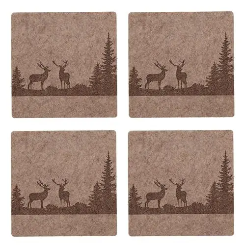 Produktbild: MC-Trend Filz Untersetzer „Waldlandschaft mit Hirschen“ 10 cm aus 5 mm starkem Filz praktische Filzuntersetzer für Getränke Gläser Tassen Hirsch Tischdeko (4 Stück braun + eckig/Hirsche im Wald)