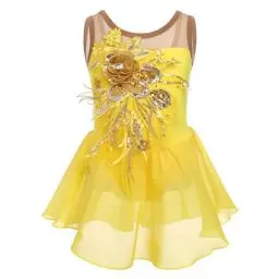 Produktbild: M?dchen Eiskunstlauf Kleid Pailletten Blumen Ballettkleid Chiffon Tanzkleid ?rmellos Turnanzug Gymnastikanzug Kinder Swing Skater Ballettkleidung Tanzkost?m Trikot Einteiler Body Gelb 9-10 Jahre