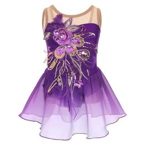 Produktbild: M?dchen Eiskunstlauf Kleid Pailletten Blumen Ballettkleid Chiffon Tanzkleid ?rmellos Turnanzug Gymnastikanzug Kinder Swing Skater Ballettkleidung Tanzkost?m Trikot Einteiler Body Lila 7-8 Jahre