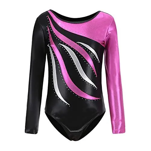Produktbild: Odizli Turnanzug Mädchen Langarm Kinder U Rücken Strass Gymnastikanzug Ballett Trikot Body Leotard Tanzbody Ballettanzug Balletttrikot Eiskunstlauf Ballerina Ballettkleidung Rosenrot 5-6 Jahre
