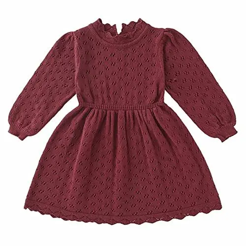 Produktbild: M?dchen Pullover Kleid Baby Kinder Herbst Winter Warm H?keln Langarm Strickkleid A-Linie Einfarbig Basic Freizeitkleid Gestrickte Partykleid Festliches Winterpulli Winterpullover Weinrot 8-9 Jahre