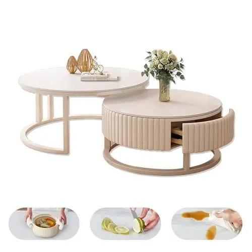 Produktbild: MDXVRKYBC Runder Couchtisch Weiß 2er Set Rund Wohnzimmertisch 50+70cm Nested Beistelltisch, Silent Drawer Organizer, Moderne Satztische Kaffeetisch Für Schlafzimmer Wohnzimmer