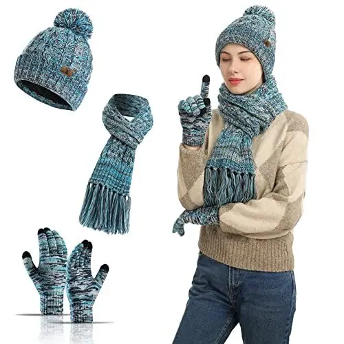 Produktbild: Meajore MüTze Schal Handschuhe Damen Set 3 in 1 Winter Warm Beanie Touchscreen Handschuh Und Lang Schal StrickmüTze Set