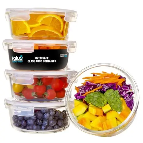 Produktbild: Meal Prep Runde Container aus Glas mit Transparentem Dampfventildeckel – Luftdicht Verschließbare Frischhaltedosen, BPA-Frei, Geeignet für Mikrowelle, Gefrierfach, Spülmaschine, Ofen – (5er Pack)