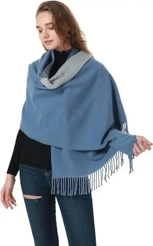Produktbild: MEANBEAUTY Damen-Schal Doppelseite Kaschmir-Gefühl Schal warm Winter Pashmina Hochzeit Party Wickeltuch große Deckenschals-Blau+Grau