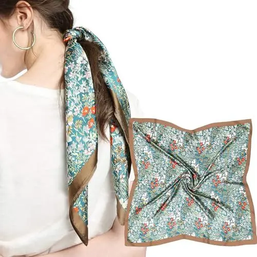 Produktbild: MEANBEAUTY Damen 70 x 70 cm Seidenschal Seide Leicht Bandana mehrfarbig Schal Kopftuch Haarschal-Blumen 19