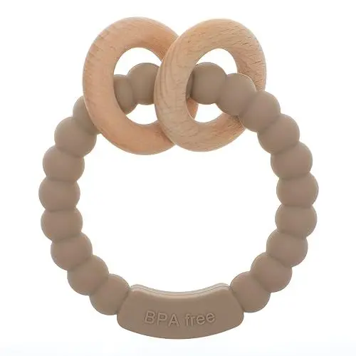 Produktbild: meanus Beißringe für Babys, Beißring Spielzeug aus Silikon und Buche, BPA-frei (Sand)