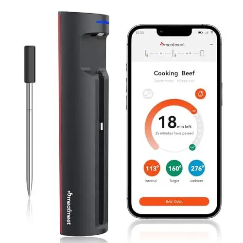 Produktbild: Meatmeet Pro Fleischthermometer mit WLAN und Bluetooth, App-Überwachung mit Timer und Alarm, IP67 wasserdicht und ölbeständig, kabelloses Fleischthermometer für BBQ, Backofen, Grill, Küche, Drehspieß