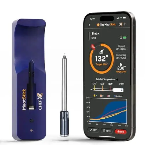 Produktbild: MeatStick Chef X – Intelligentes kabelloses Thermometer mit Quad Sensoren – digitale Lebensmittelsonde (Reichweite 200 m, Bluetooth) – für BBQ, Luftfritteuse, Fritteuse, Ofen, Sous Vide, Rotisserie