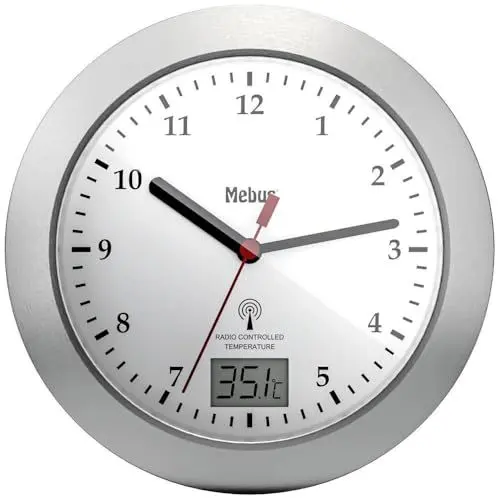 Produktbild: Mebus 41124 Funk Wanduhr 17 cm x 6 cm Silber Badezimmer-/Feuchtraum geeignet