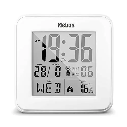 Produktbild: Mebus Digitaler Funk-Wecker mit Temperaturanzeige, Beleuchtung, Kalender, kompakt und stabil, Schwarz, Modell: 25594