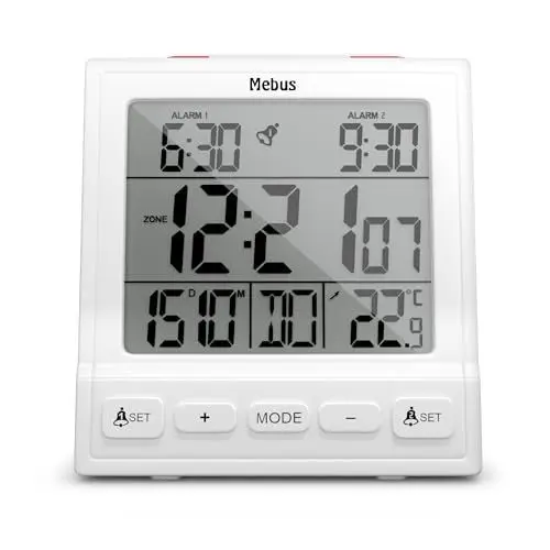 Produktbild: Mebus Digitaler Funk-Wecker mit Thermometer, Datumsanzeige, Zwei Weckzeiten, Weckwiederholung, automatische Einstellung von Sommer- und Winterzeit, Funk-Uhr, Digitalwecker, Weiß