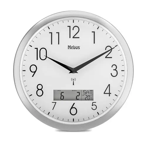Produktbild: Mebus Funk-Wanduhr, 29 cm, lautlos, LCD-Anzeige für Datum und Temperatur, weiß, Modell 19422 - Multifunktional und leise