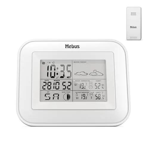 Produktbild: Mebus Funk-Wetterstation mit Außensensor, Komfort-Indikator, Anzeige von Temperatur, Luftfeuchtigkeit (je innen und außen), Wettervorhersage, Mondphasen/Material: Kunststoff/Farbe: Weiß/Modell: 40649