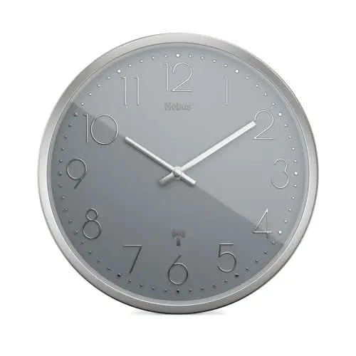 Produktbild: Mebus Funkwanduhr TinyTime | Wanduhr ohne Tickgeräusche | Durchmesser 25 cm | Modernes Zifferblatt in Grau | Silbernes Gehäuse