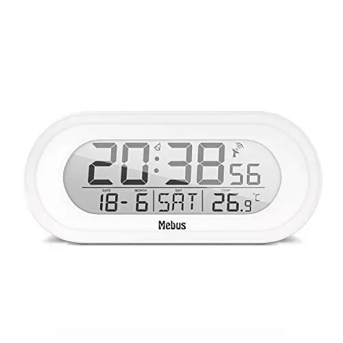 Produktbild: Mebus Funkwecker, Temperaturanzeige, digital, Funkuhr, Weckfunktion, Weckwiederholung/Snooze, Beleuchtung, Kalender, Innenthermometer, Zeitzonen, Farbe: Weiß, Modell: 25808