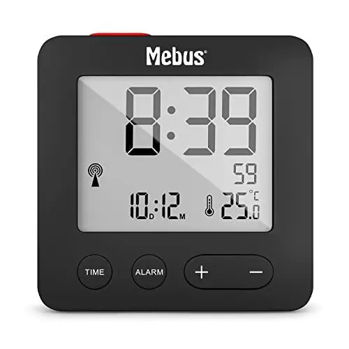 Produktbild: Mebus Funkwecker mit Temperaturanzeige, kompakt in Reisegröße, Funkuhr (DCF77), Alarm mit Weckwiederholung (Snooze), Datum, Displaybeleuchtung, Farbe: Schwarz, Modell: 25801