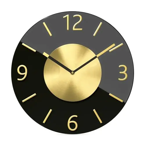 Produktbild: Mebus Quarzwanduhr, Leisegangwerk - Kein Tick-Tack Geräusch, präzises Quarzuhrwerk, Glas - hochwertig und elegant, 3D Aluminium Ziffern, Aluminium Zeiger, Farbe: Schwarz Gold, 32cm