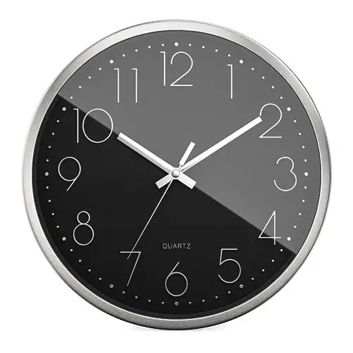 Produktbild: Mebus Quarzwanduhr | Leisegangwerk ohne Tick-Tack Geräusch | Aluminiumrahmen | arabisches Zifferblatt | 3D Ziffern | Aluminium Zeiger I 30 cm, Silber/Schwarz